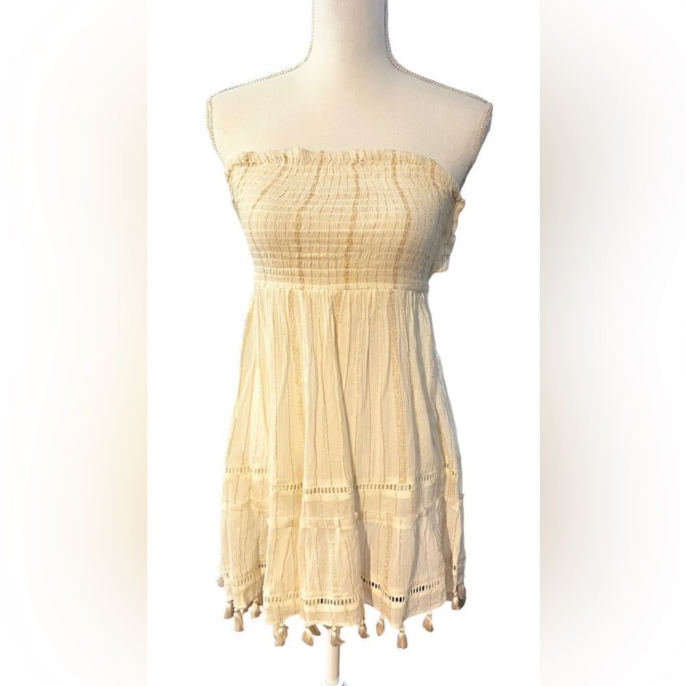 Ramy Brook Graciela Strapless Tie Back Mini Dress Ivory Gold Metallic Coverup XS